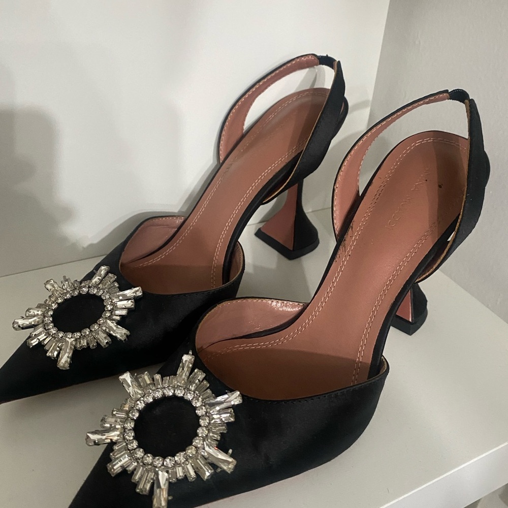 Amina Muaddi Black Satin Heels with Crystal Embellishments